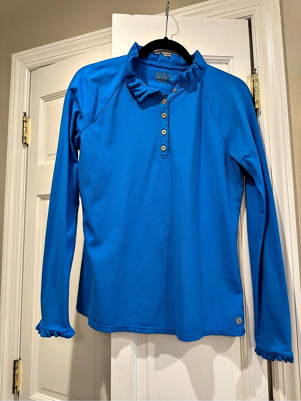 Lilly Pulitzer Luxletic UPF 50+ Hutton Ruffle Long Sleeve polo Blue Size Medium